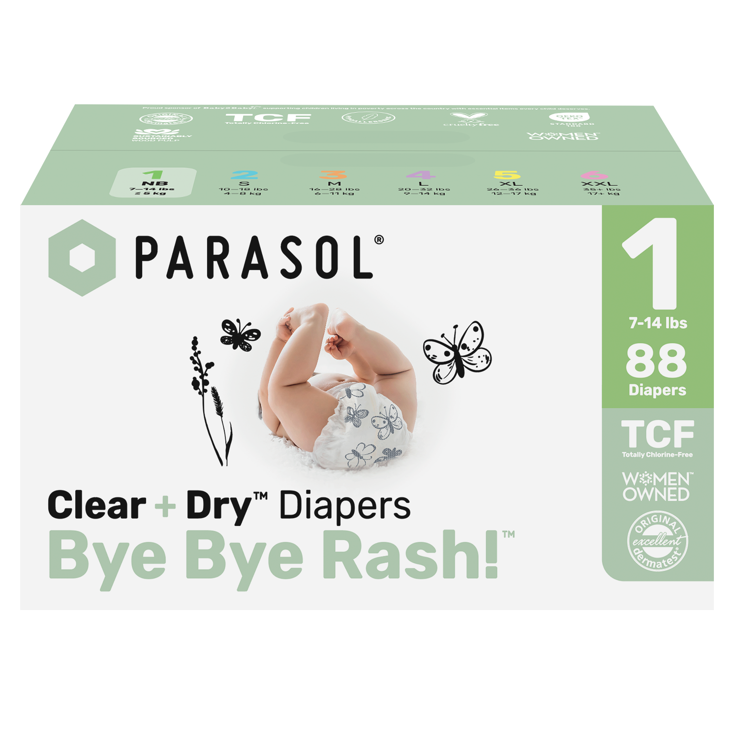 Parasol - Clear+Dry™ Natural Diapers Size 1/NB - 44x2pcs