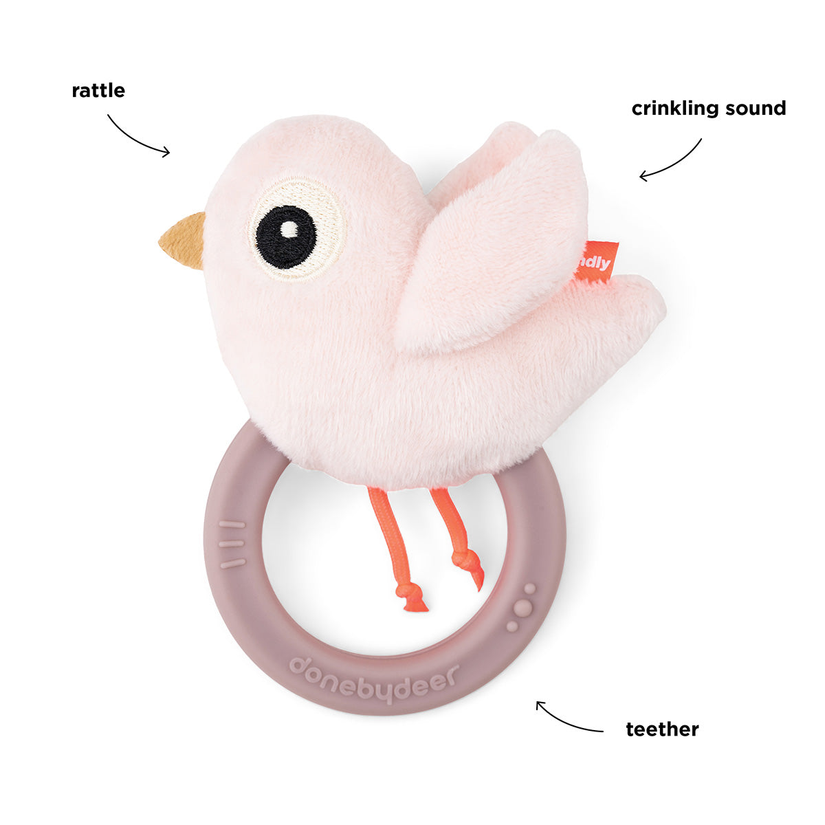 Done by Deer - Birdee  Sensory rattle w/teether (Powder)