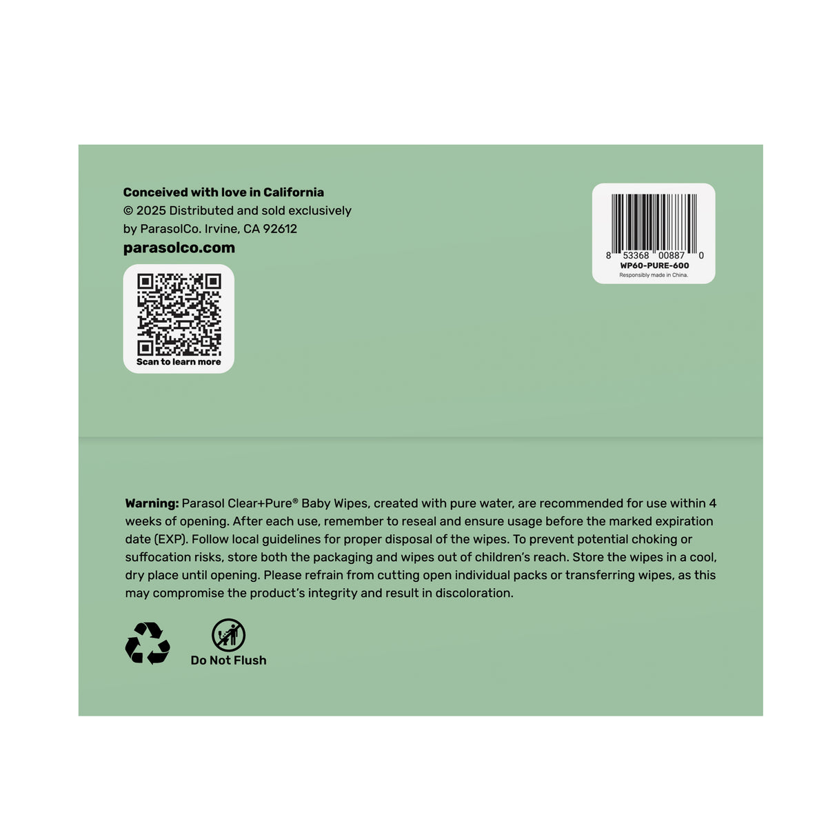 Parasol - Clear+Pure™ Natural Baby Wipes Bag 60pcsx10pack(BOX) 【Pre Order Now! Delivery after 7-10 working days】